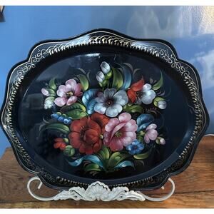 Vintage Hand Painted Floral Decorative Tray Black Russian Tolle Scalloped